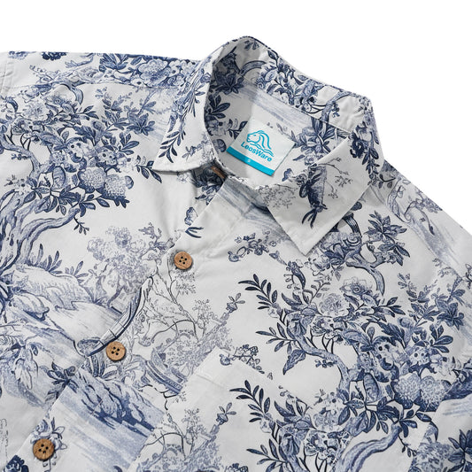 LeosWare® Men's Hawaiian Shirt Short Sleeve Button-up 100% Cotton Beige Aloha Vintage Hand-drawn Exotic Landscapes