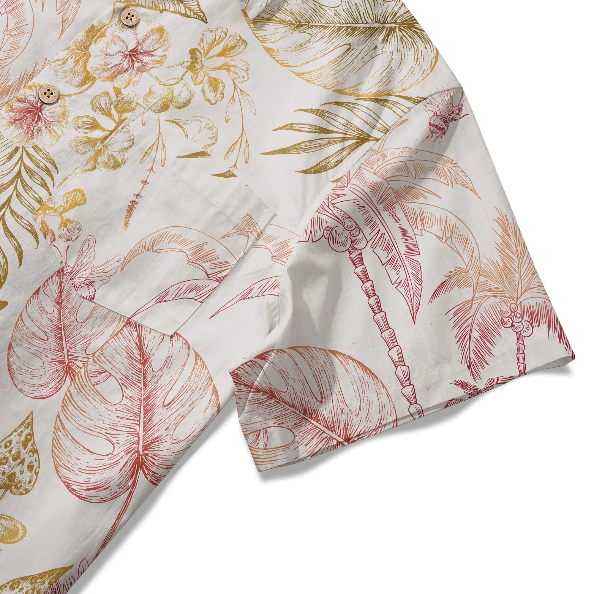 Back view of men's Hawaiian shirt with tropical blossoms