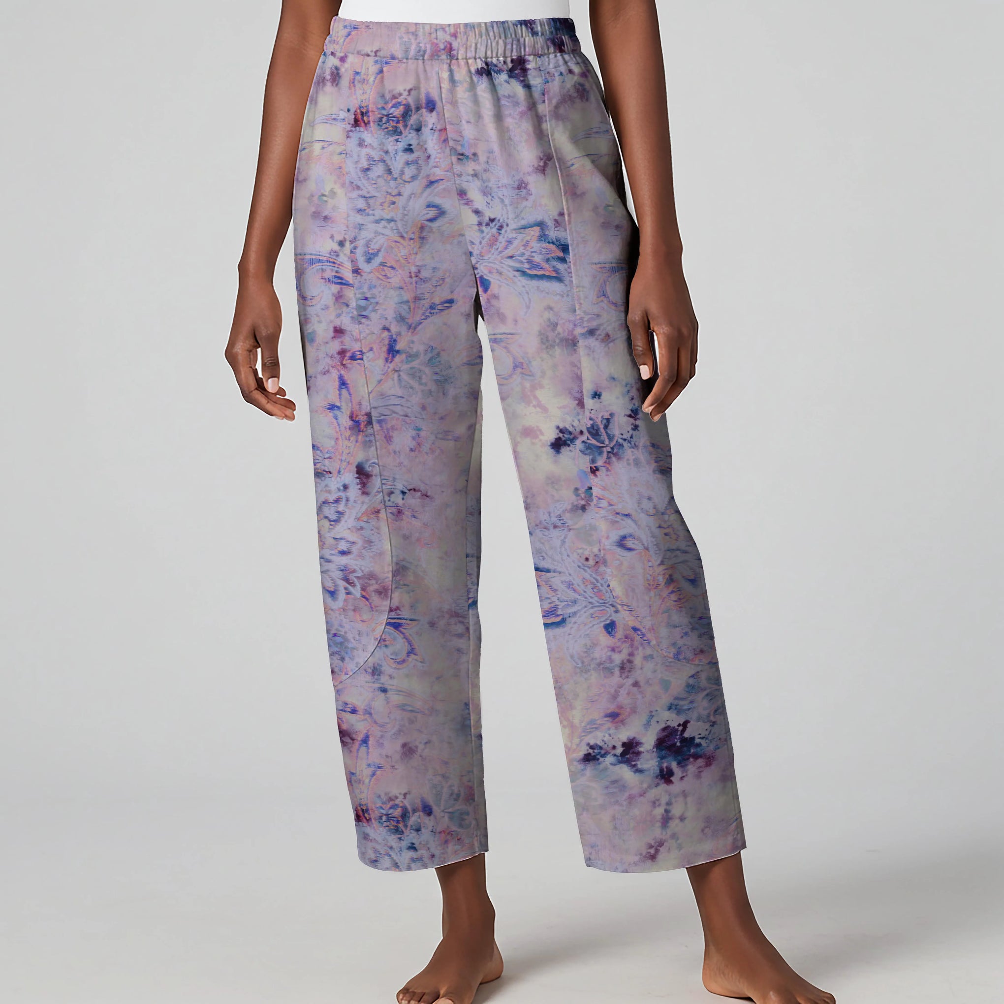 Women Casual Ankle Pants Lounge Elastic Waist with Pockets 93% Lyocell, 7% Linen Purple Aloha Bohemian Vintage Charm