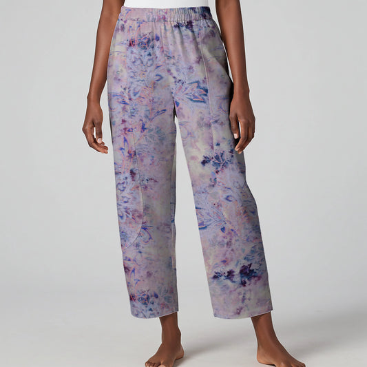 Women Casual Ankle Pants Lounge Elastic Waist with Pockets 93% Lyocell, 7% Linen Purple Aloha Bohemian Vintage Charm