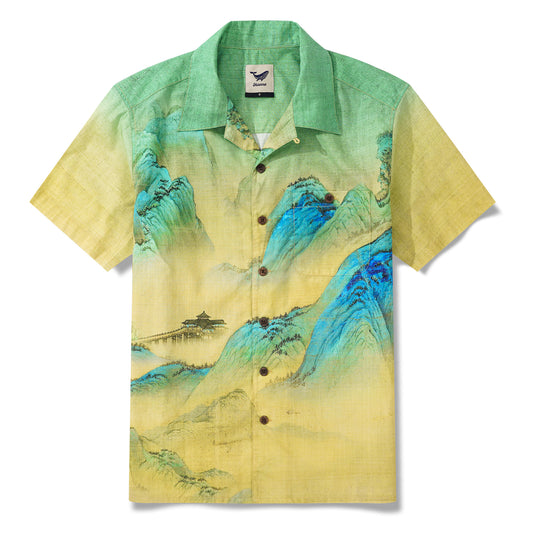 男性用アロハシャツ半袖キャンプ襟100%コットングリーンAlohaエターナルAloha