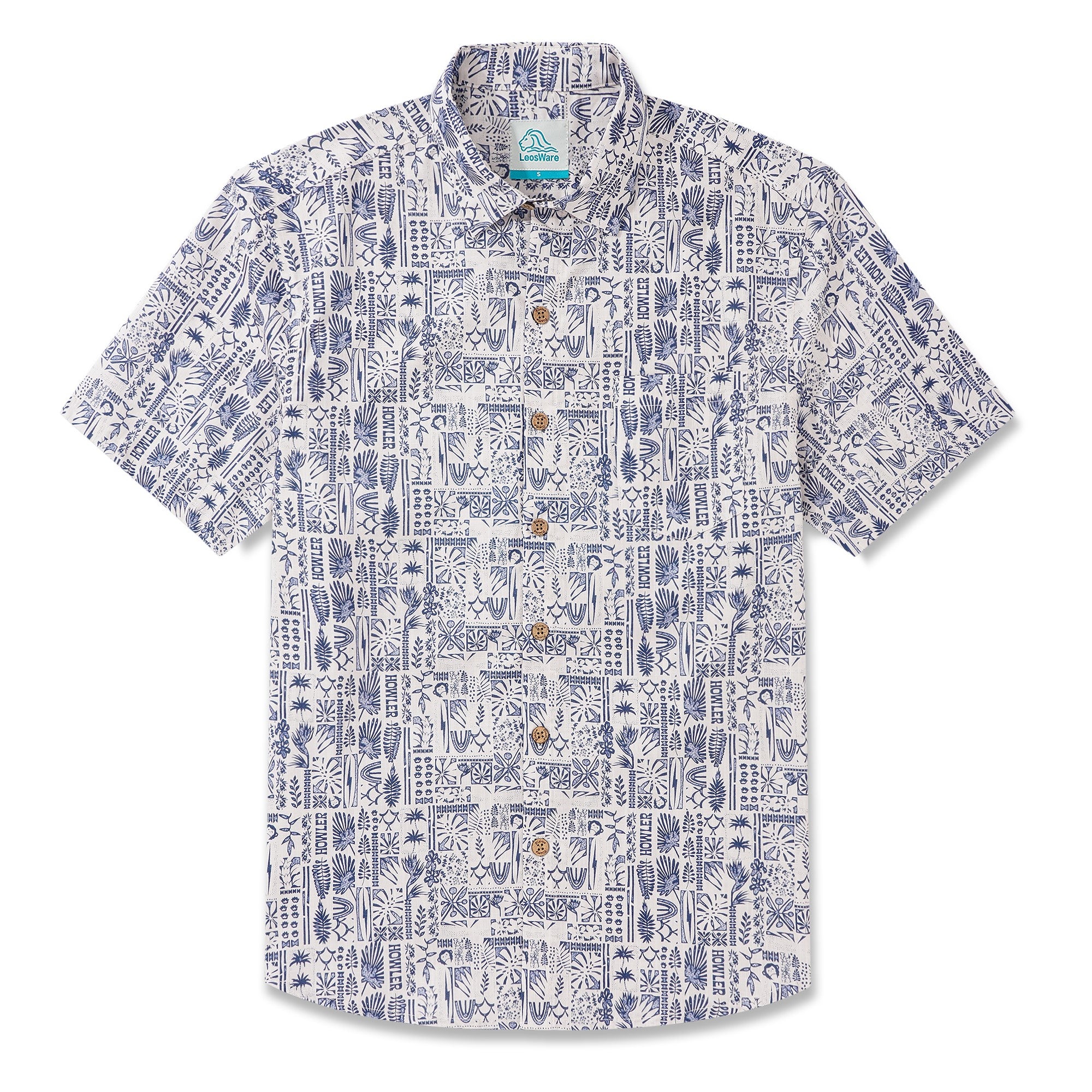 LeosWare® Men's Hawaiian Shirt Short Sleeve Button-up 100% Cotton Blue Aloha Fresh Art Collage Botanical Pattern Painting