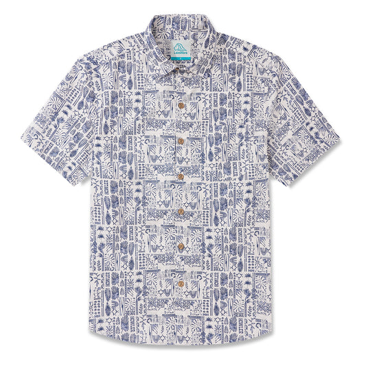 LeosWare® Men's Hawaiian Shirt Short Sleeve Button-up 100% Cotton Blue Aloha Fresh Art Collage Botanical Pattern Painting
