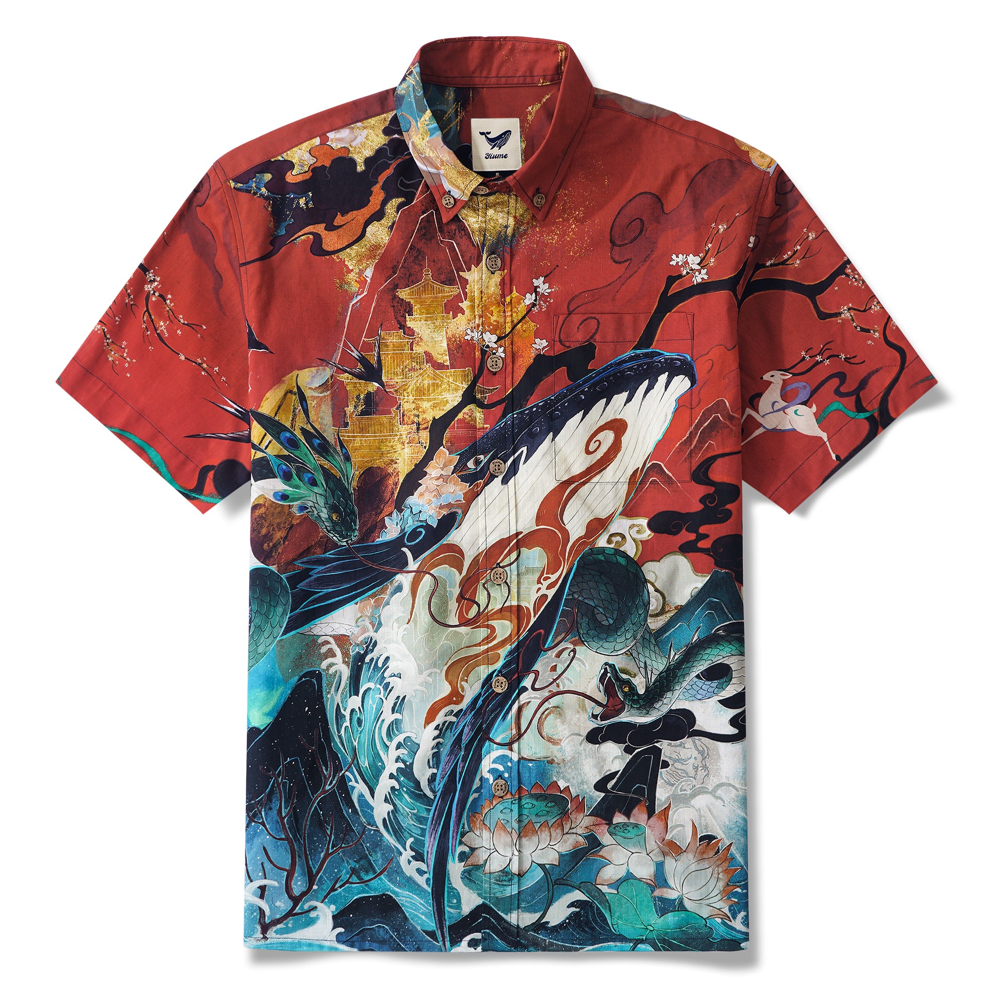 Chinese Art Hawaiian Shirt 100% Cotton Men's Short Sleeve Button-down Red Aloha Shirt Dunhuang Whale Art Shirt