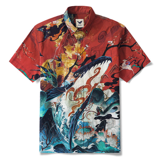 Chemise Aloha Rouge pour Homme 100% Coton à Manches Courtes avec Boutons - Art Chinois