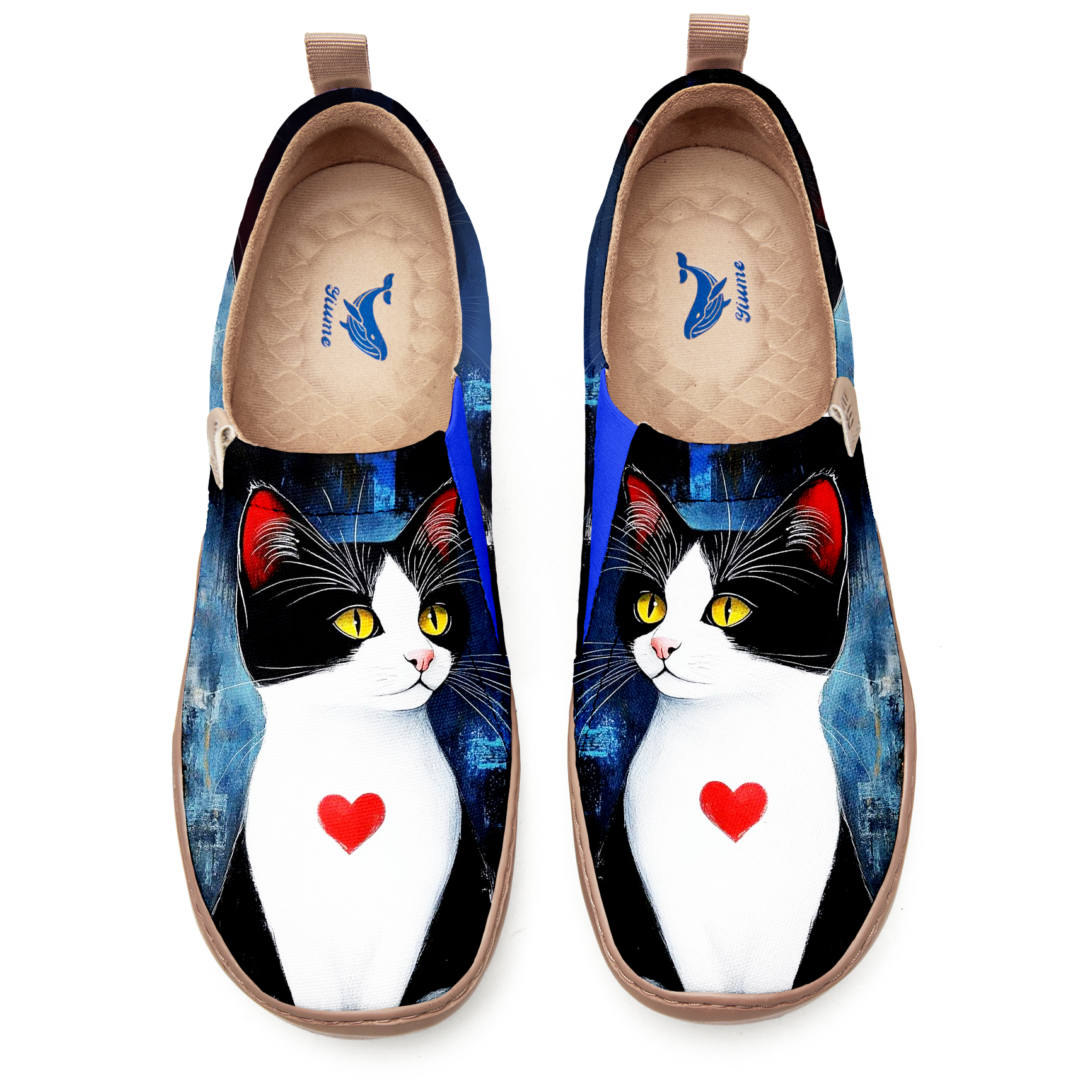 Yiume Frauenkunst Slip-on lässig Canvas Schuhe Herz markiert mew bemalt, 100% Baumwolle schwarze Katze Liebe