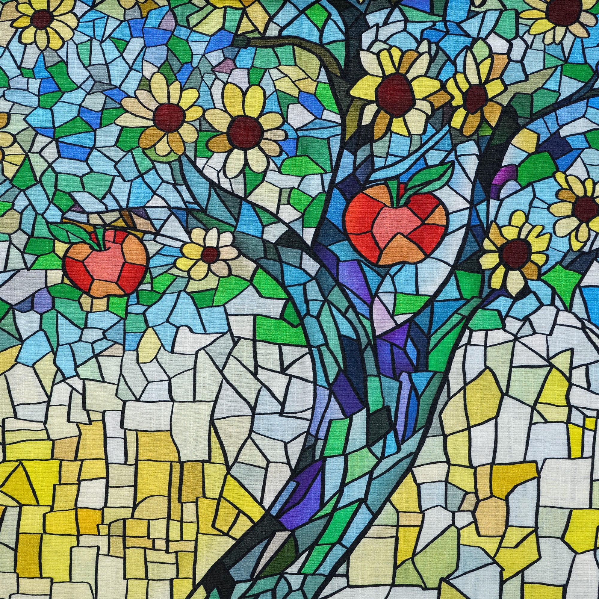 Men’s Blue Hawaiian Shirt – Orchard & Stained Glass Print 100% Cotton Short Sleeve Aloha Shirt