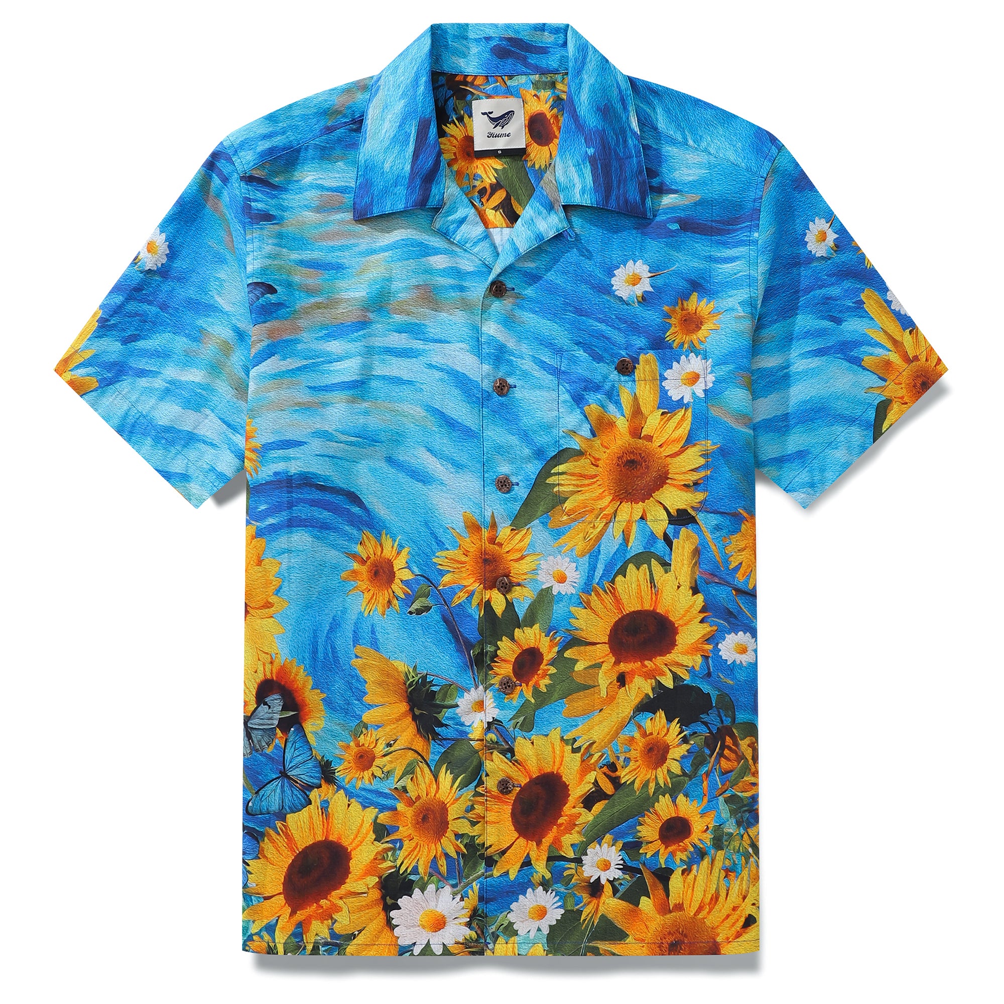 100% Cotton Hawaiian Shirt For Men Sunflowers Growing Wild Blue Camp Collar Shirt