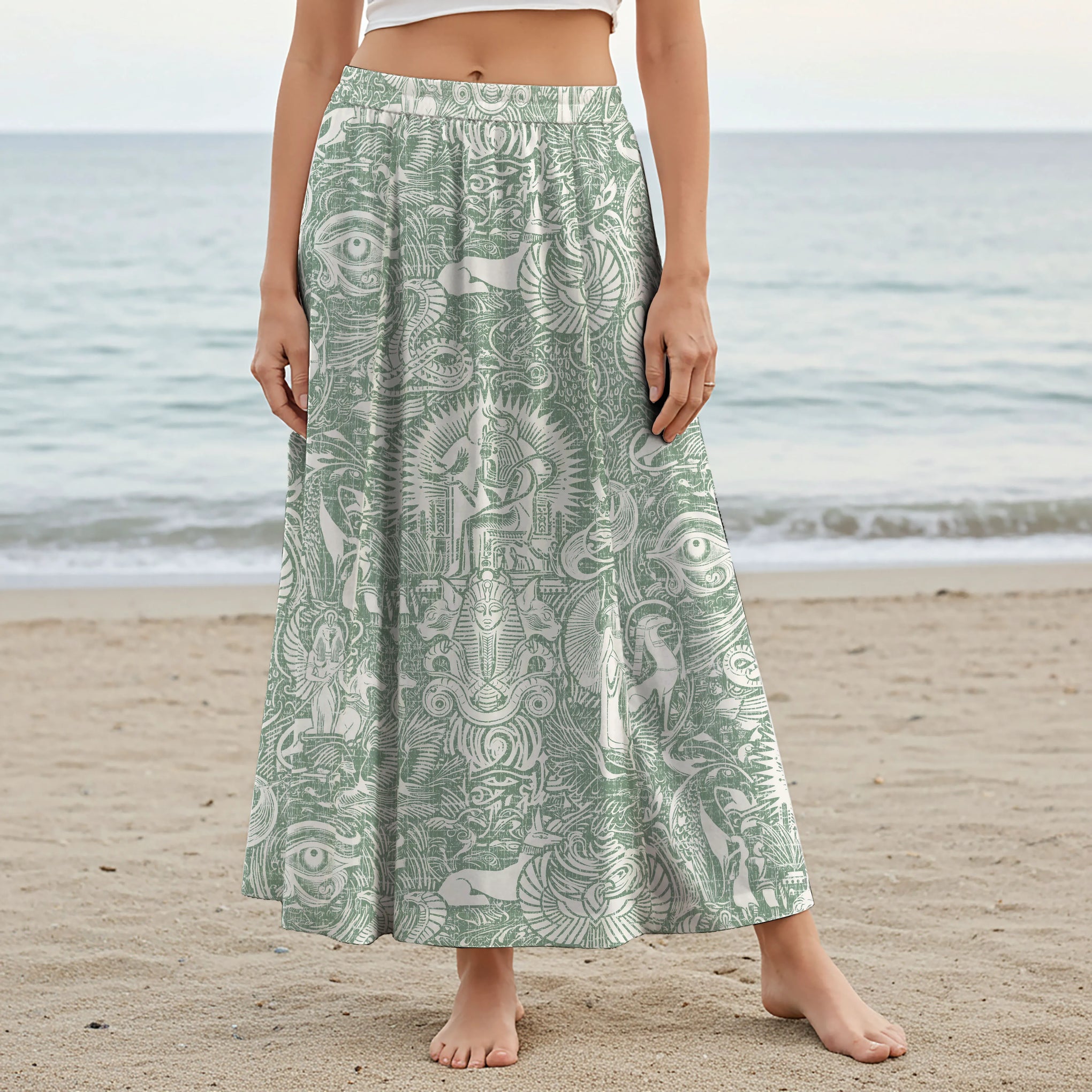 Women Casual Maxi Skirt Long Elastic Waist with Pockets 100% Cotton Green Aloha Egyptian Myths