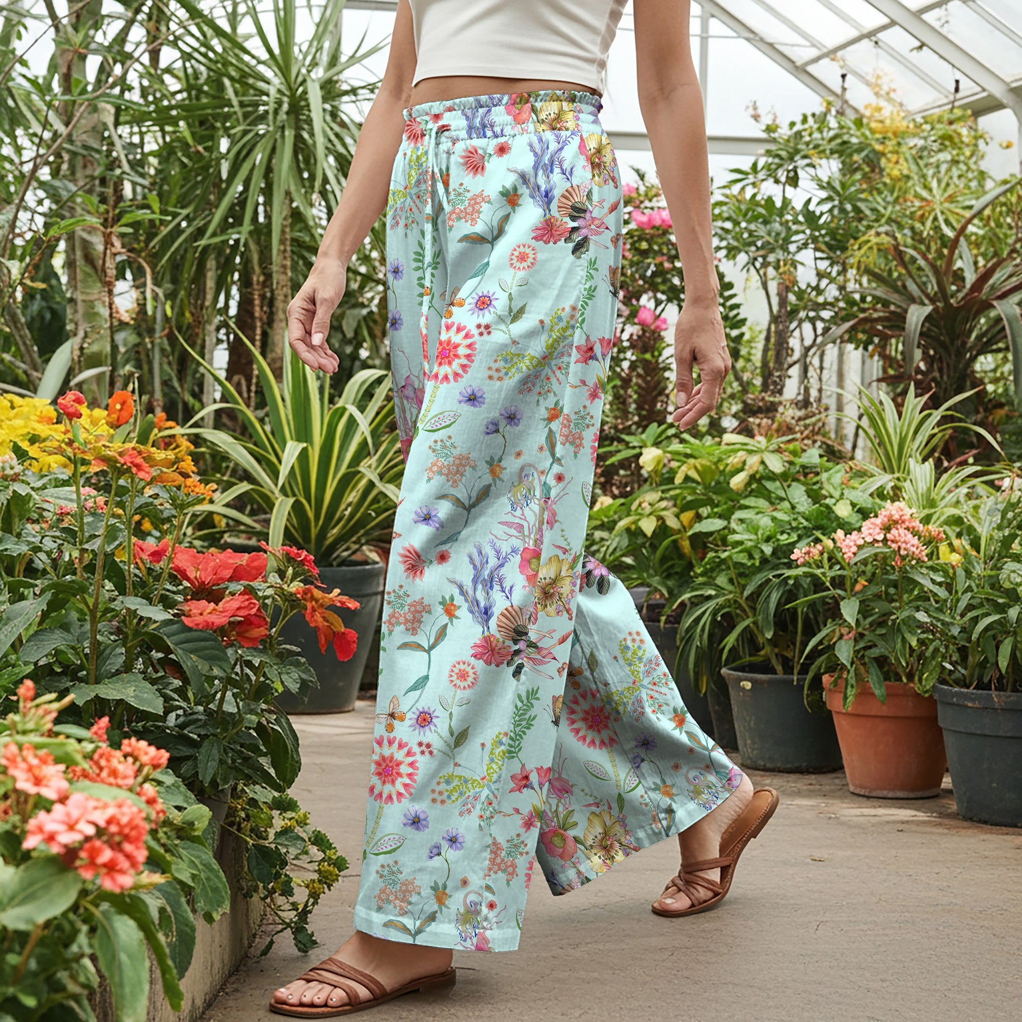 Women Casual Pants Lounge Elastic Waist Drawstring with Pockets 100% Cotton Green Aloha Spring Blossoms And Butterflies Dancing Painting