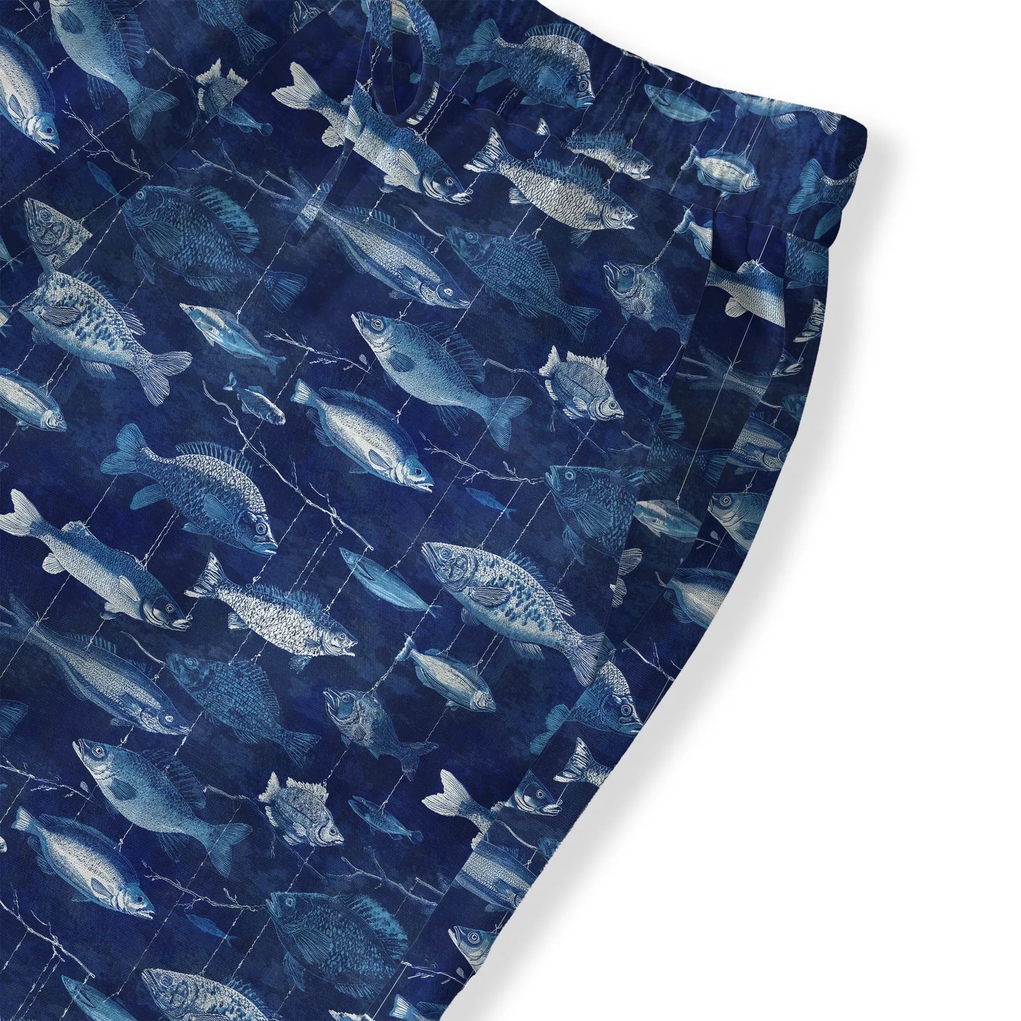 Luxury print women's pants, hanging fish pattern, blue