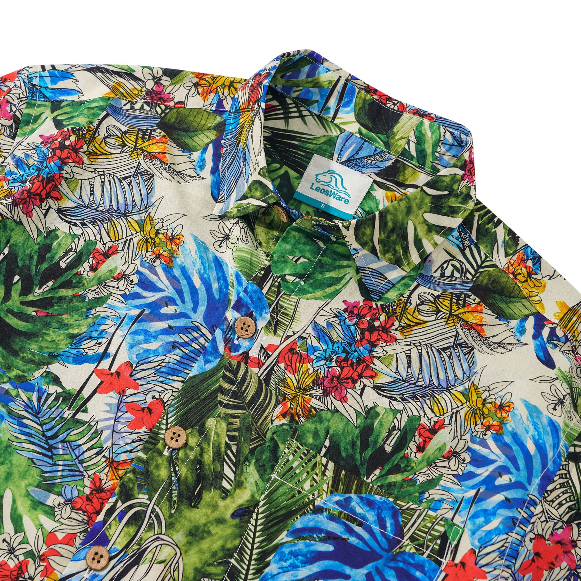 LeosWare® Men's Hawaiian Shirt Short Sleeve Button-up 100% Cotton Green Aloha Tropical Jungle Whispers