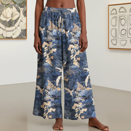 Women Casual Pants Lounge Elastic Waist Drawstring with Pockets 93% Lyocell, 7% Linen Blue Aloha Oriental Crane Landscape