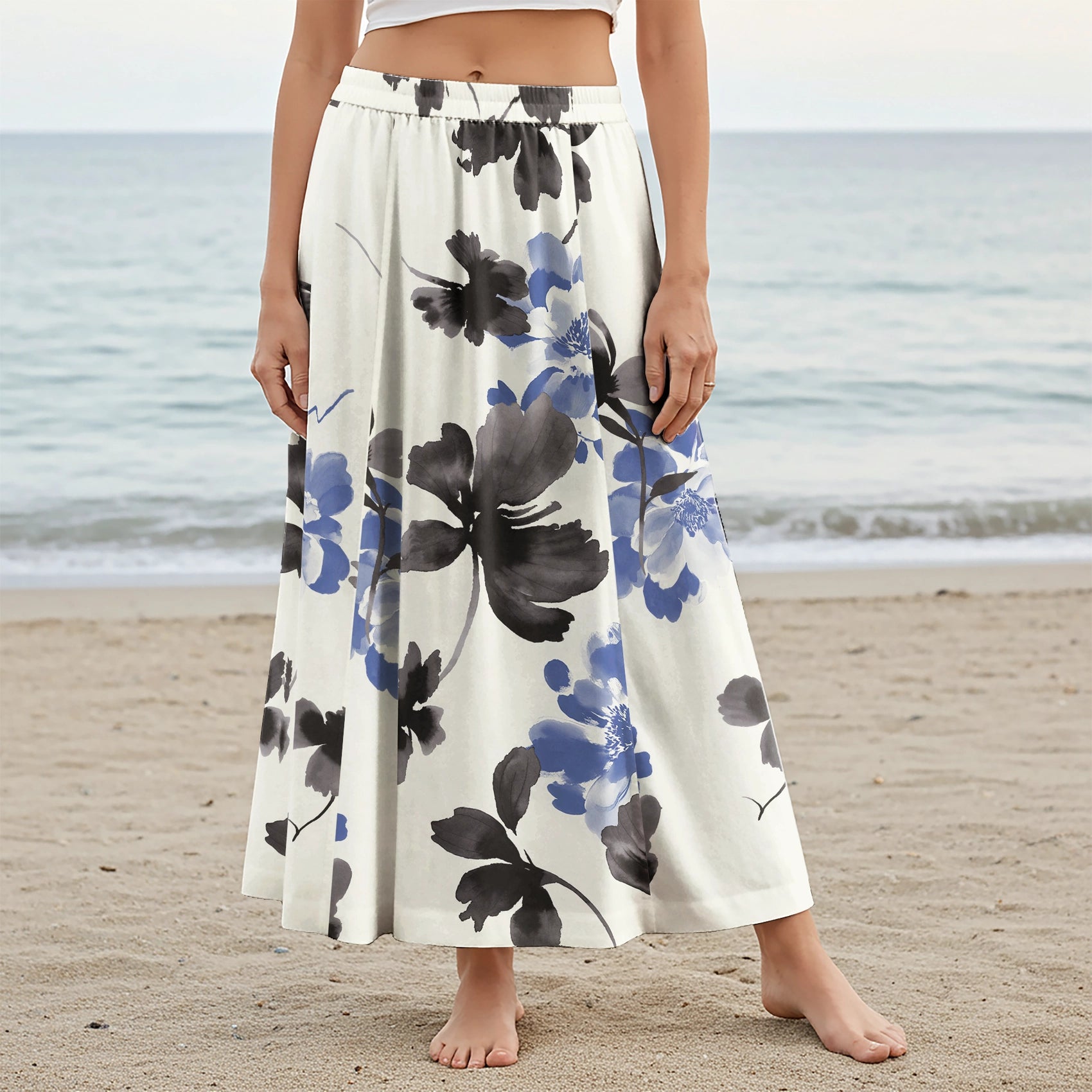 Women Casual Maxi Skirt Long Elastic Waist with Pockets 100% Cotton Blue Aloha Ink Blue Floral Elegance