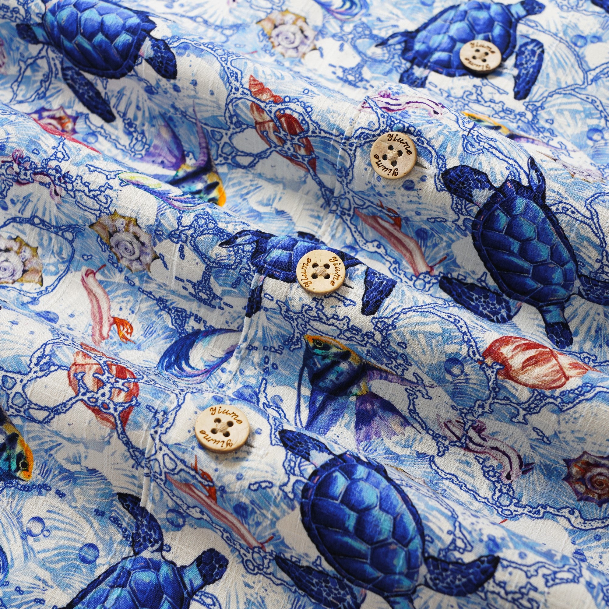 Men's Hawaiian Shirt Short Sleeve Camp Collar 100% Silk Blue Aloha A Sea Turtle's Odyssey