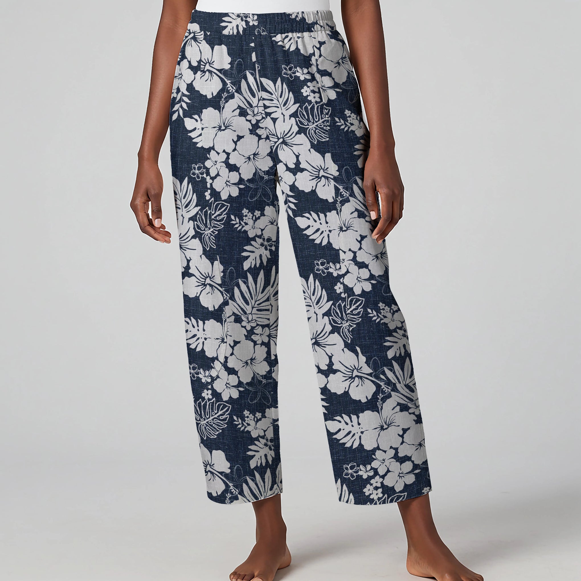 Women Casual Ankle Pants Lounge Elastic Waist with Pockets 93% Lyocell, 7% Linen Blue Aloha Summer Whispers - Hawaiian-inspired Artistic Shirt