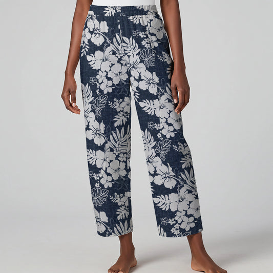 Women Casual Ankle Pants Lounge Elastic Waist with Pockets 93% Lyocell, 7% Linen Blue Aloha Summer Whispers - Hawaiian-inspired Artistic Shirt