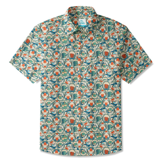 LeosWare men's Hawaiian shirt with oval motif, beer festival theme