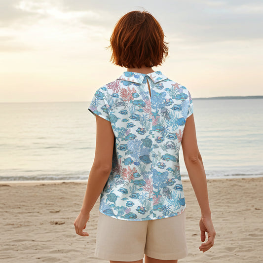 Women Casual Blouse Cap Sleeve Fold-Over Neck Button-Back 100% Lyocell Blue Aloha Seaside Boho