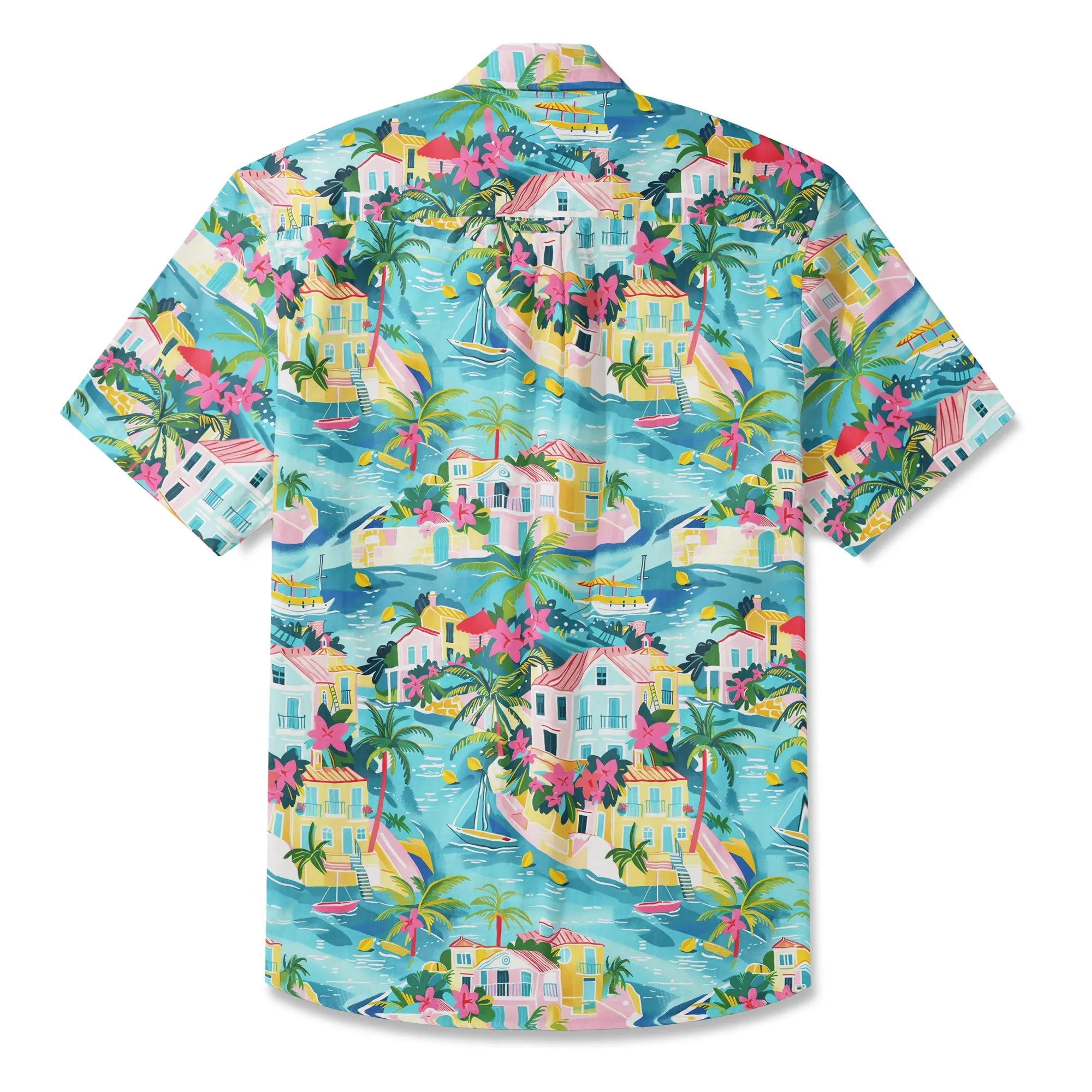 LeosWare Hawaiian shirt, blue with lemon and sailboat