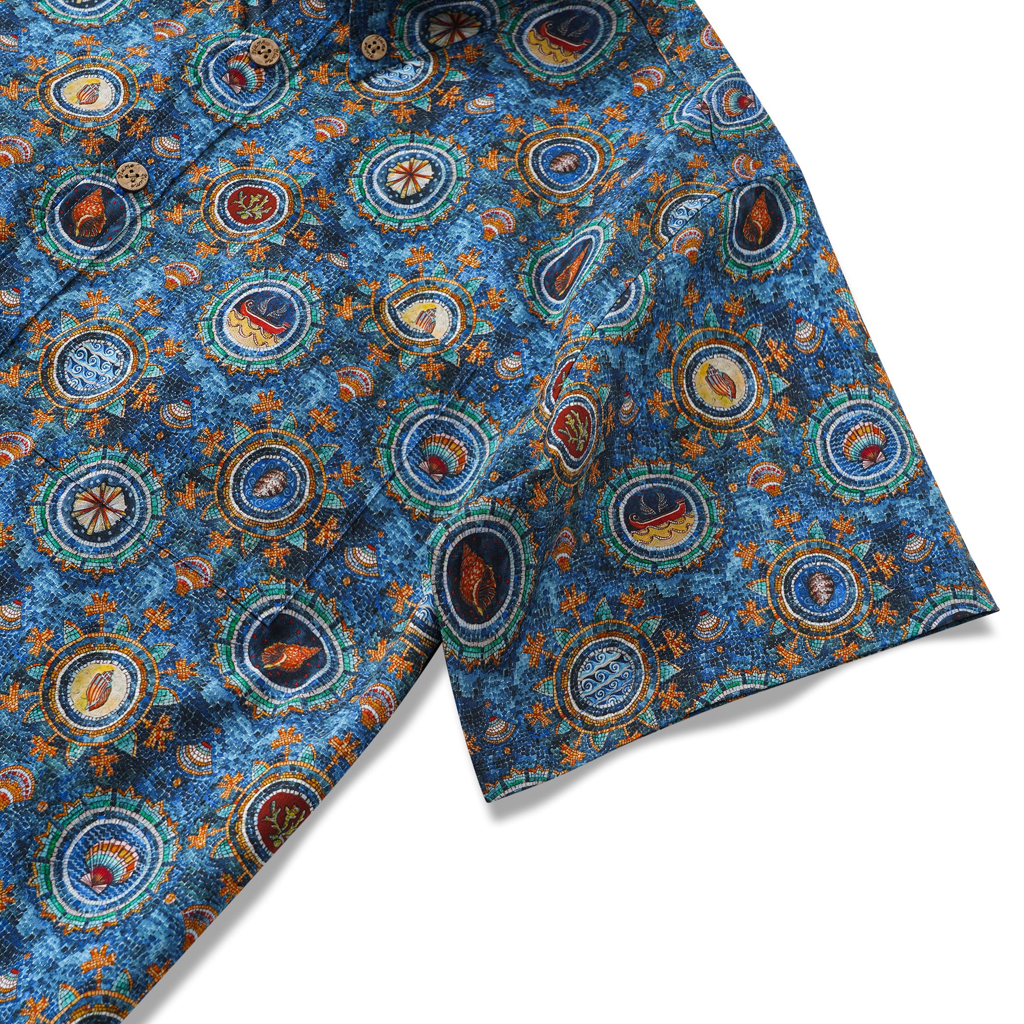 Herren-Hawaiian-Hemd Kurzärmel Button 100% Baumwollblau Aloha Shell Mosaic