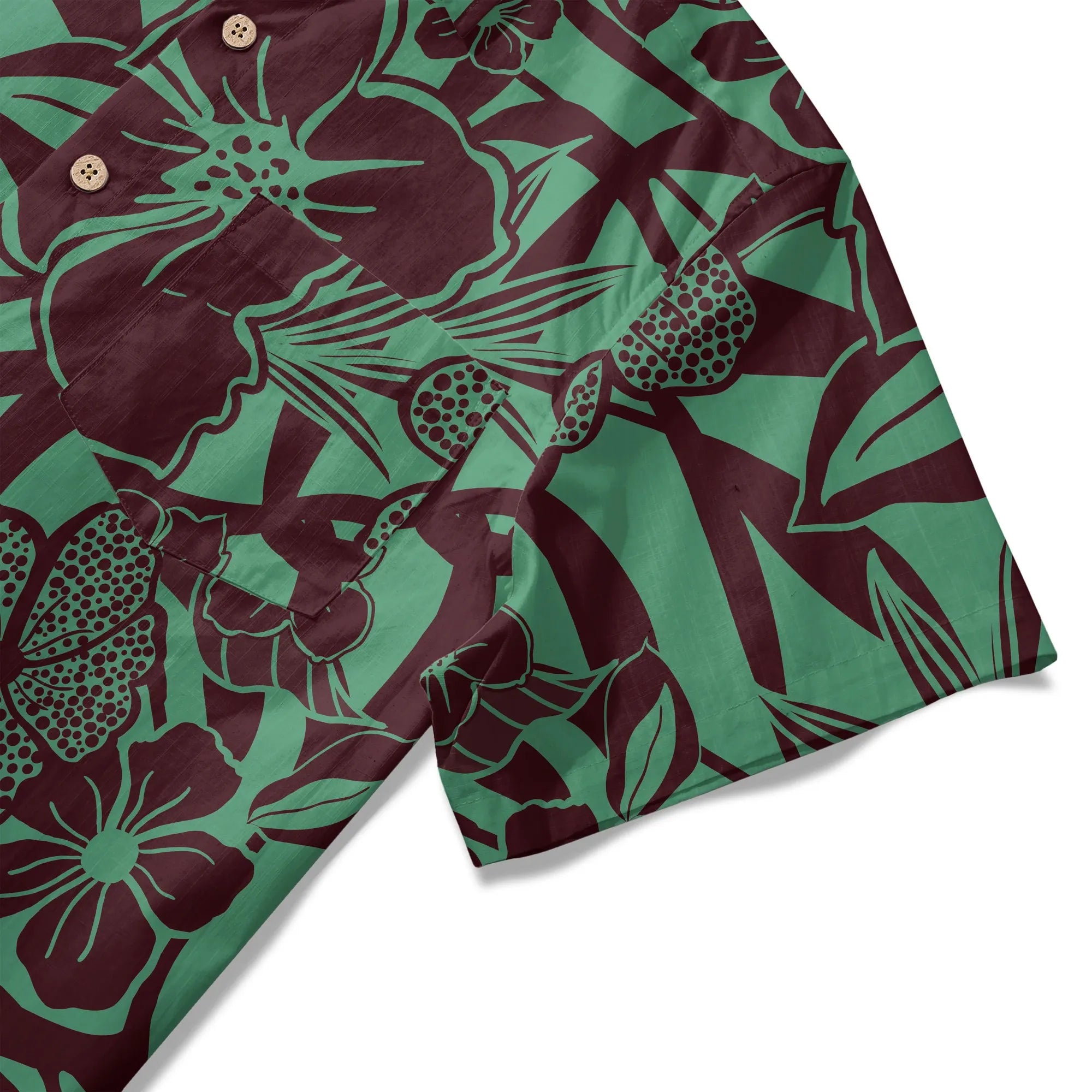 Back view of men's green Hawaiian shirt with floral design