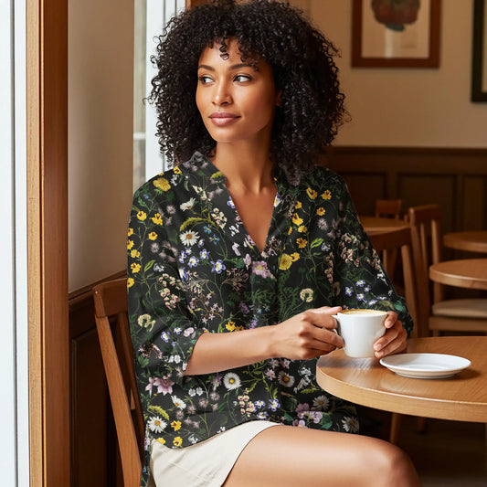 Aloha Midnight Floral Women's Blouse, V-neck, 3/4 sleeve, blue