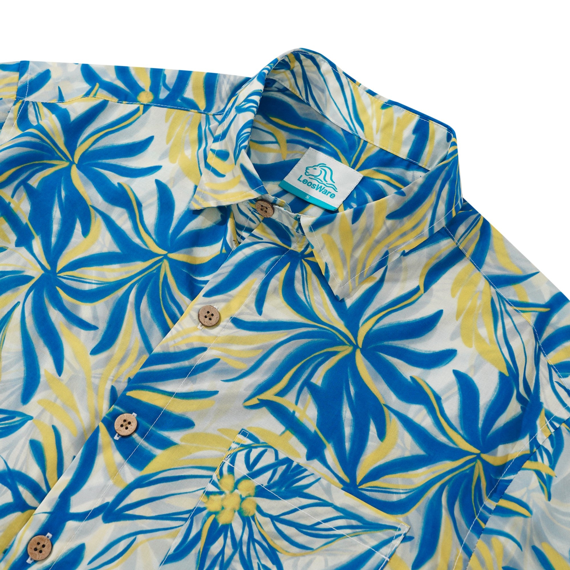LeosWare® Men's Hawaiian Shirt Short Sleeve Button-up 100% Cotton Green Aloha Tropical Leaf Symphony In Blue And Yellow