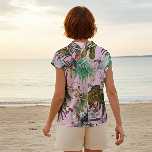 Women Casual Blouse Cap Sleeve Fold-Over Neck 100% Lyocell Purple Aloha Fantasy Tropical Paradise Button-Back