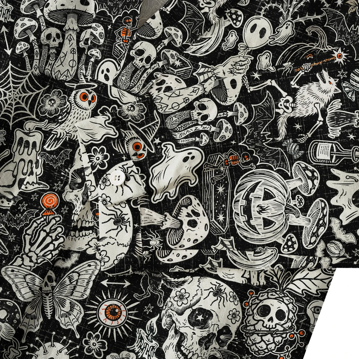 Yiume V-neck blouse, Halloween skull and mushroom design, black