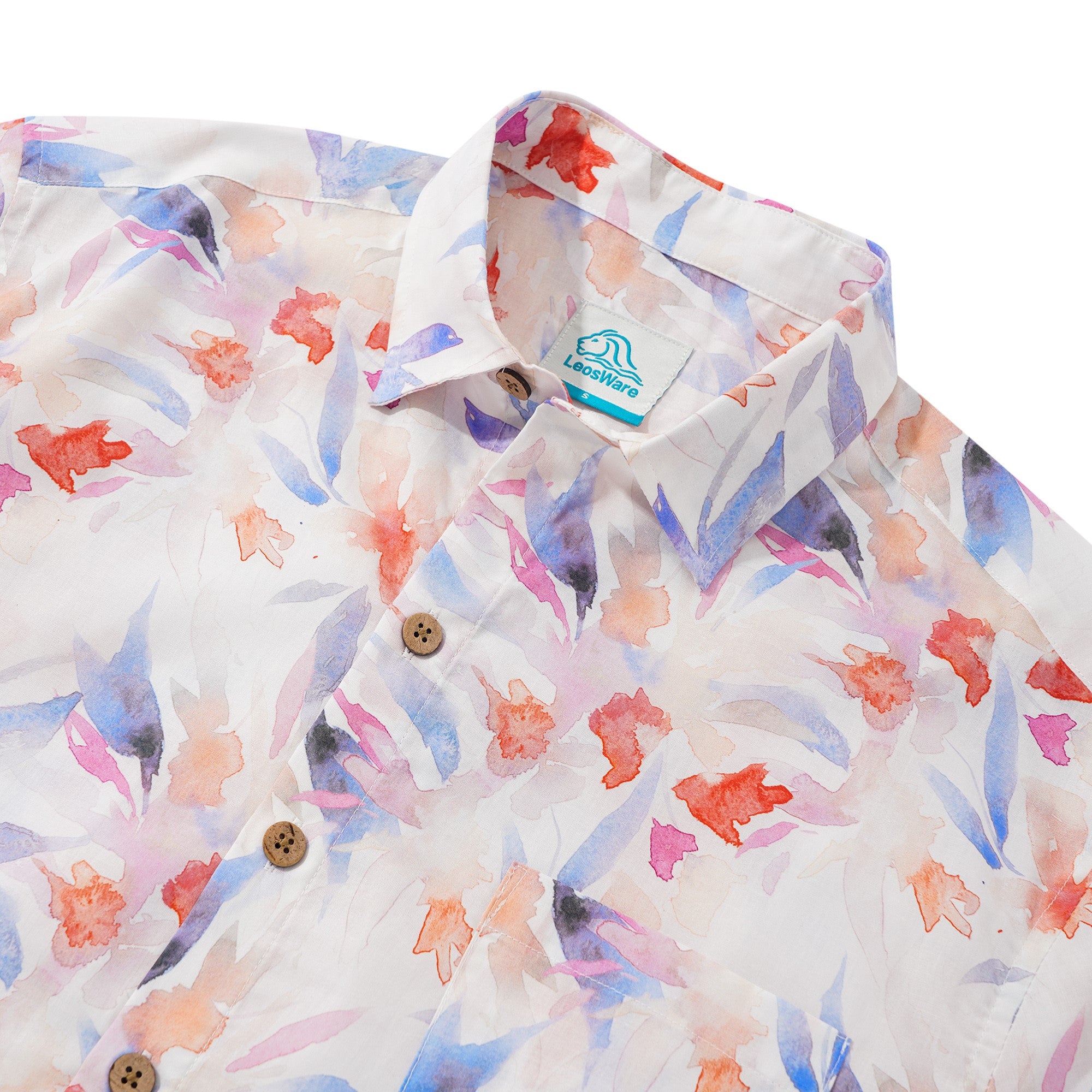 LeosWare® Men's Hawaiian Shirt Short Sleeve Button-up 100% Cotton Aloha Watercolor Blooms