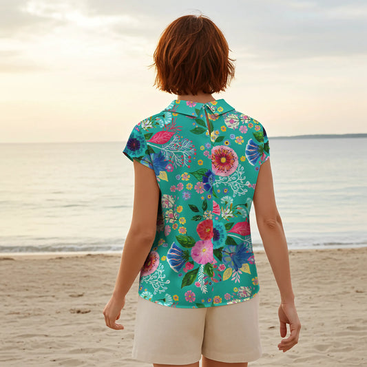 Women Casual Blouse Cap Sleeve Fold-Over Neck 100% Lyocell Green Aloha Dance Of Emerald Flowers Button-Back
