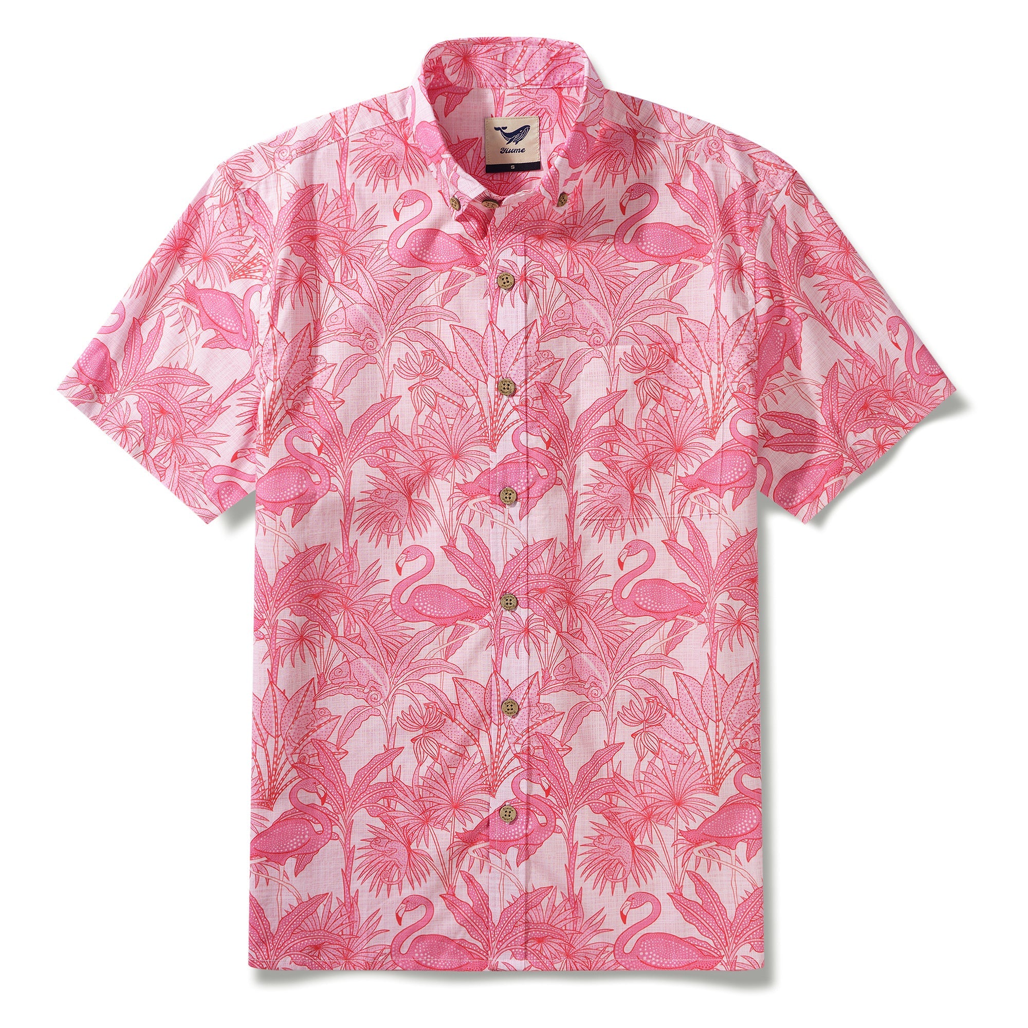 Chemise hawaïenne rose pour homme avec flamants roses, 100 % coton, à manches courtes, à boutons.