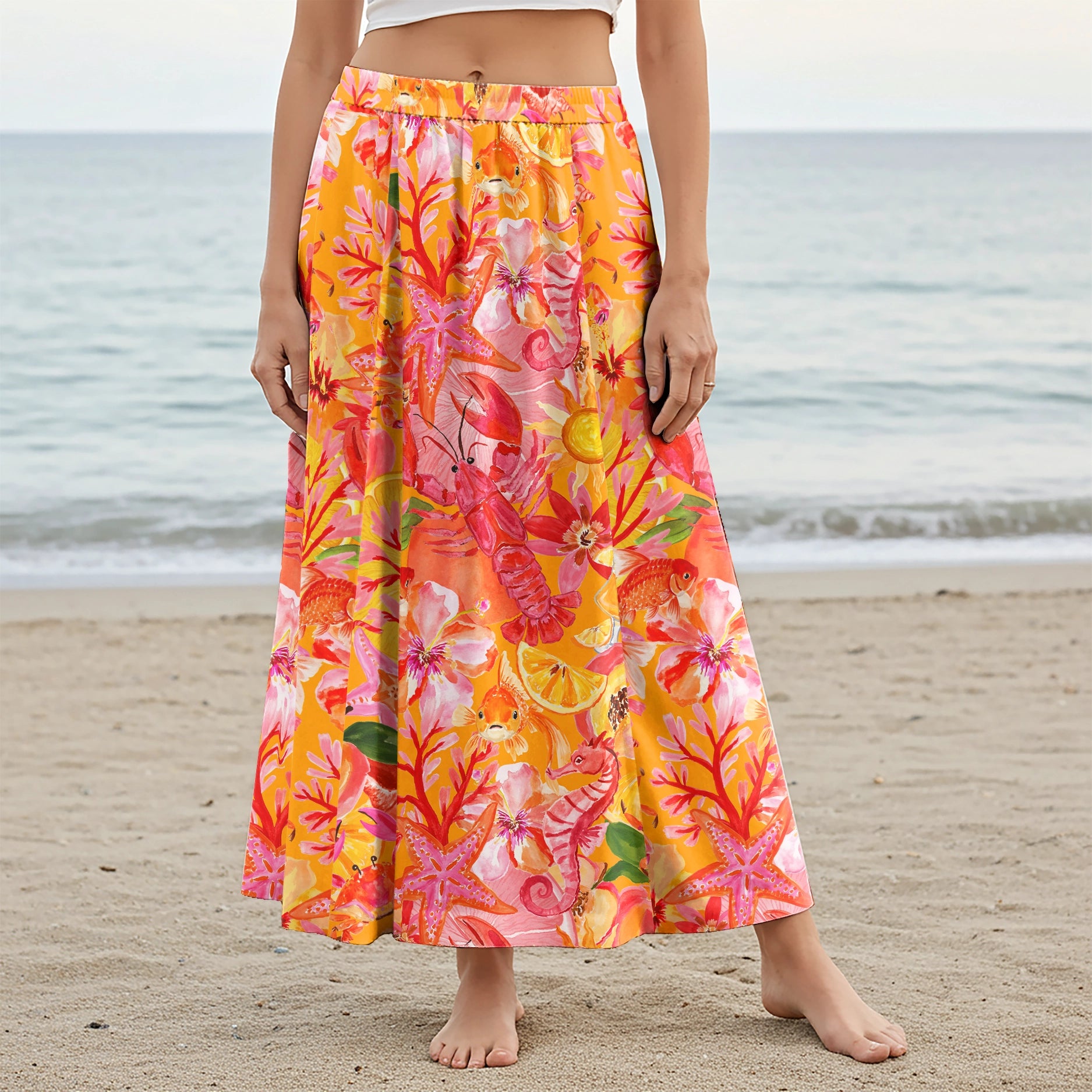 Women Casual Maxi Skirt Long Elastic Waist with Pockets 100% Cotton Orange Aloha Tropical Seaside Fiesta Print