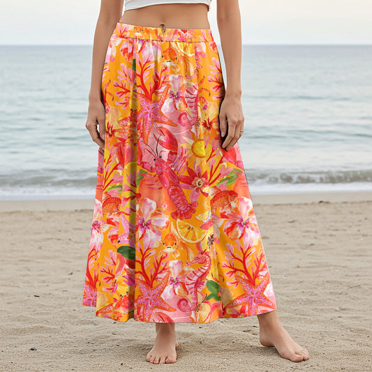 Women Casual Maxi Skirt Long Elastic Waist with Pockets 100% Cotton Orange Aloha Tropical Seaside Fiesta Print