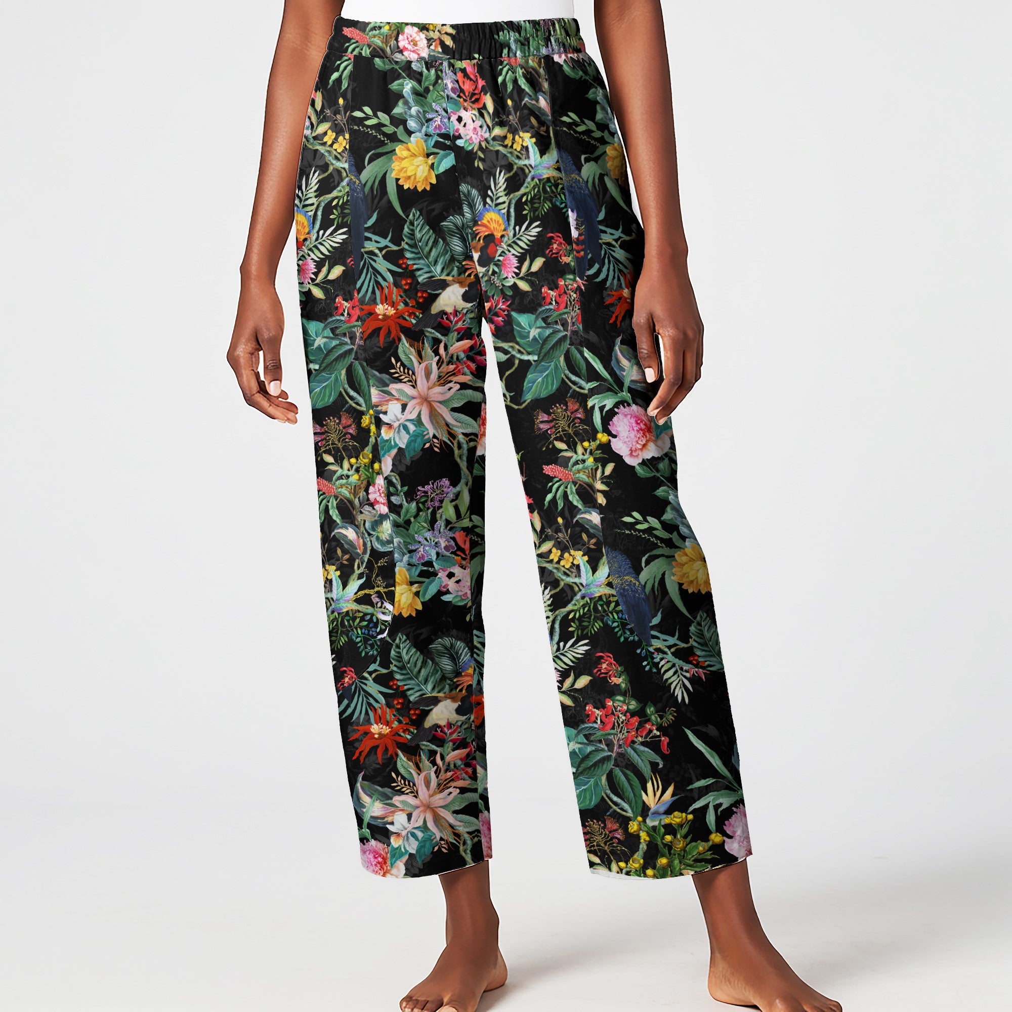 Women Casual Ankle Pants Lounge Elastic Waist with Pockets 93% Lyocell, 7% Linen Black Aloha Tropical Midnight Charm