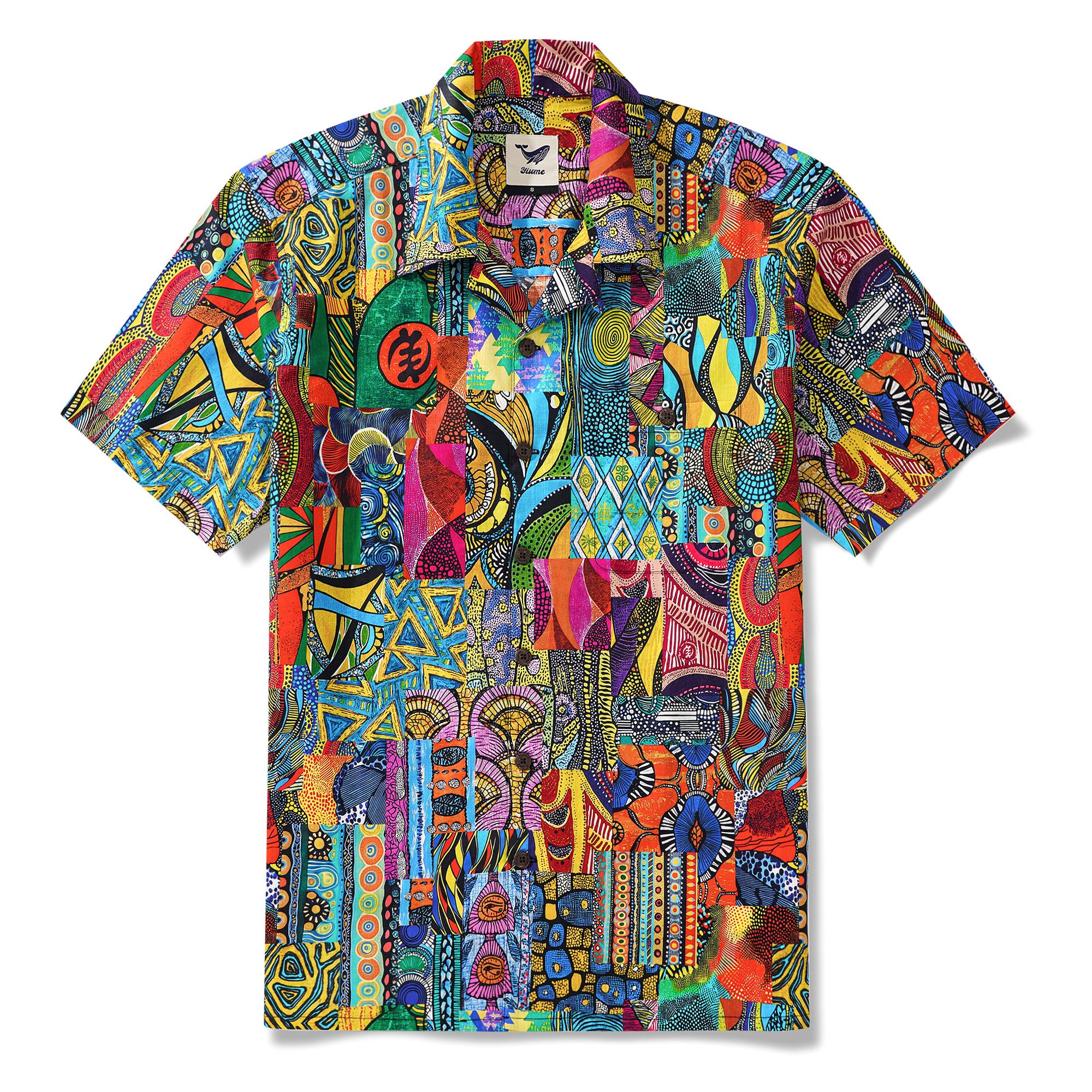 Herren Hawaiian Shirt Afrikanisches Druckhemd 100% Baumwolle Kurzarm Camp Kragen Aloha Shirt