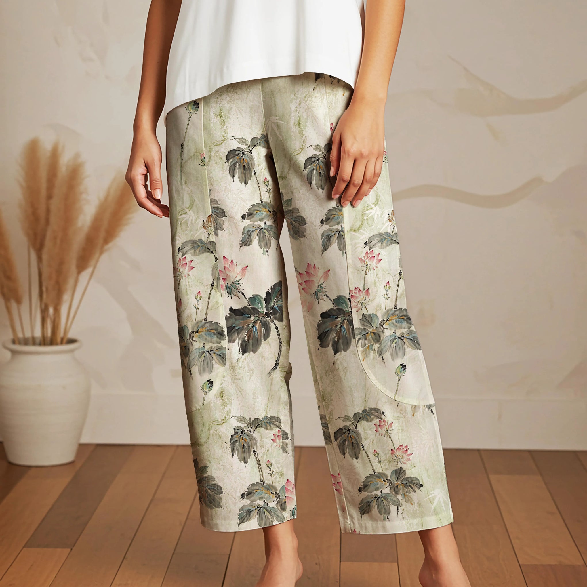 Women Casual Ankle Pants Lounge Elastic Waist with Pockets 93% Lyocell, 7% Linen Green Aloha Lotus Charm