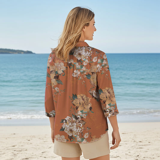 Women Casual Blouse 3/4 Sleeve V-neck Shirt Collar 100% Lyocell Brown Aloha Warm Brown Floral Charm