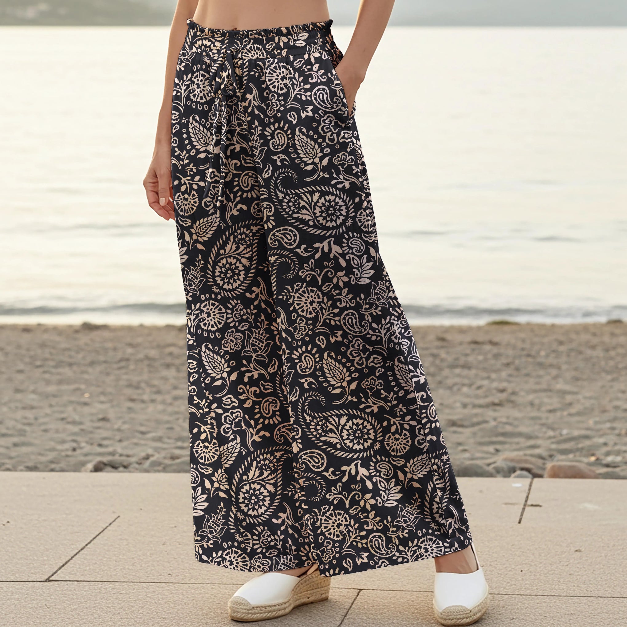 Women Casual Pants Lounge Elastic Waist Drawstring with Pockets 100% Cotton Black Aloha Elegant Paisley