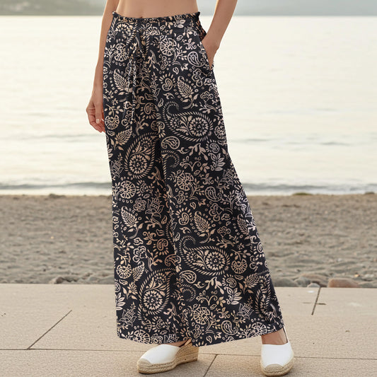 Women Casual Pants Lounge Elastic Waist Drawstring with Pockets 100% Cotton Black Aloha Elegant Paisley