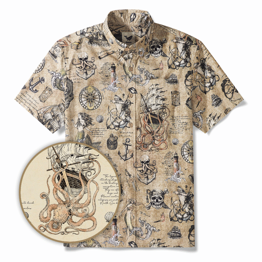 Men's Hawaiian Shirt Short Sleeve Button-down 100% Cotton Beige Aloha Pirate’s Log: The Sea Monster