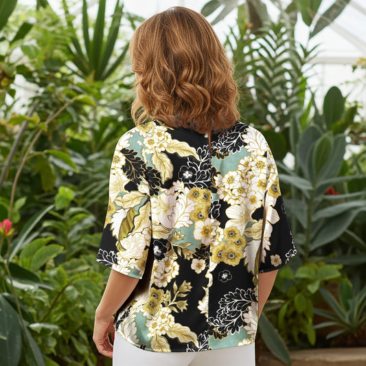Women Casual Blouse Elbow Sleeve Round Neck Button-Back 100% Lyocell Black Aloha Golden Floral Design