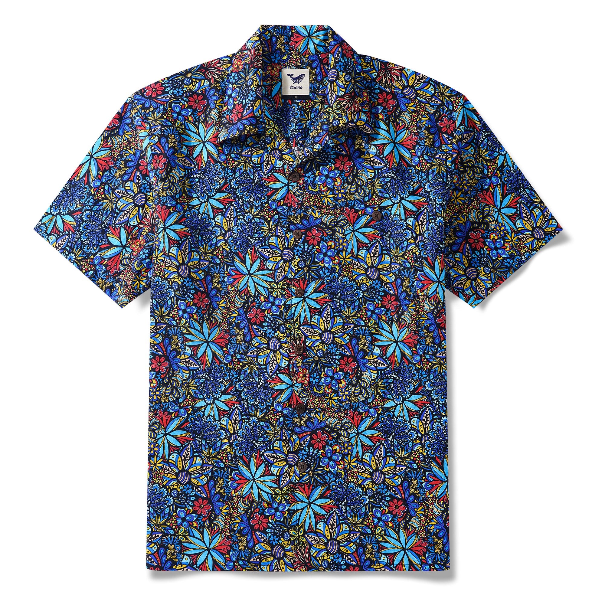 Men's Hawaiian Shirt Short Sleeve Camp Collar 100% Cotton Blue Aloha TALAVERA BOUQUET By Lori Anne McKague