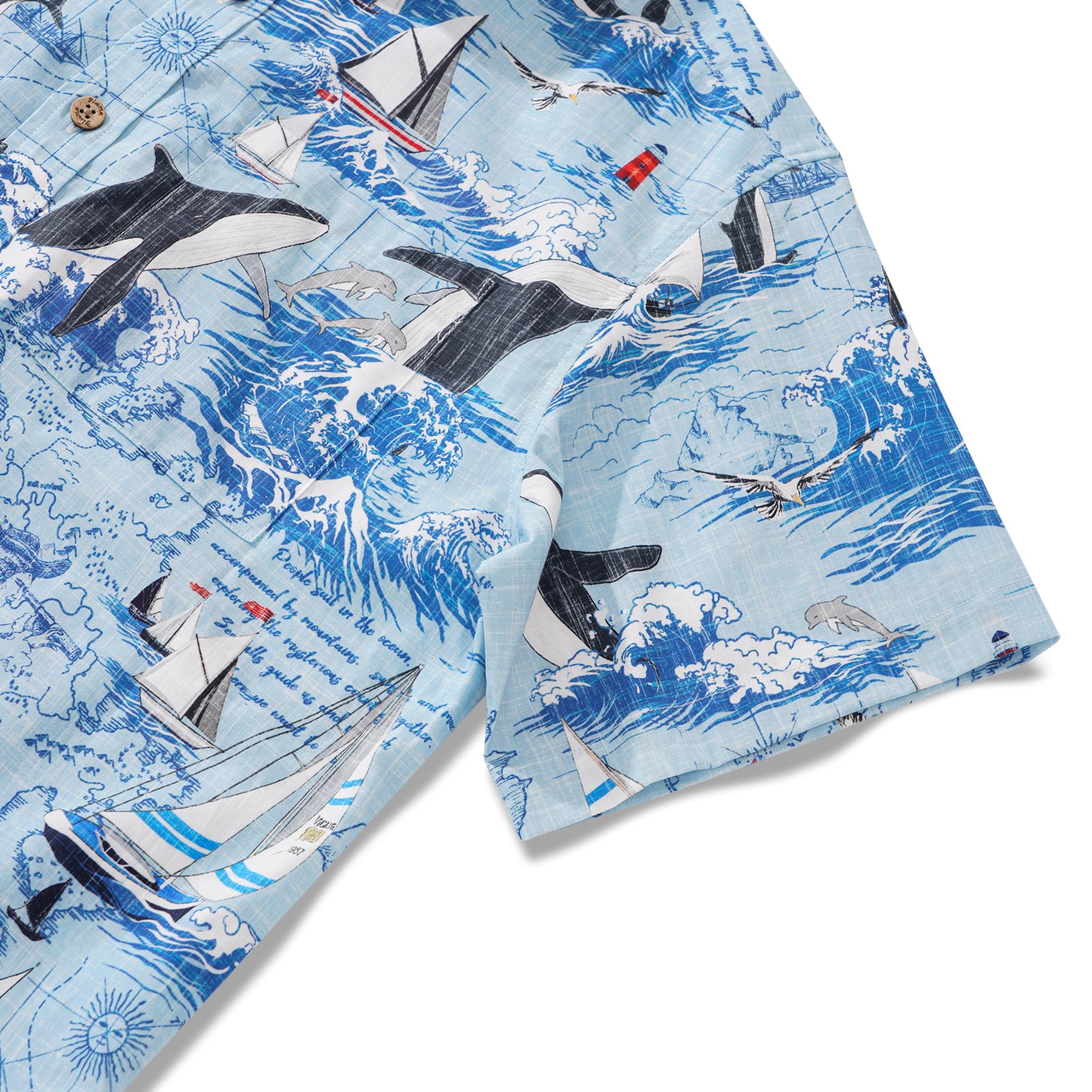 Men's Hawaiian Shirt Short Sleeve Button-down 100% Cotton White Aloha Joyful Ocean