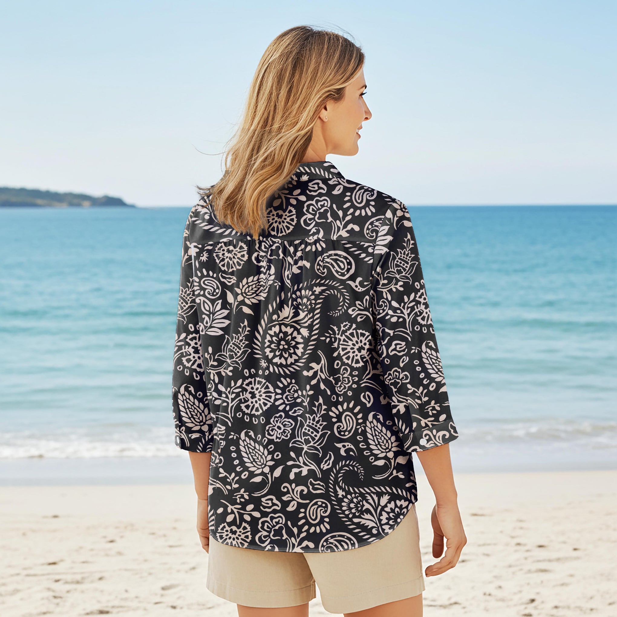 Women Casual Blouse 3/4 Sleeve V-neck Shirt Collar 76% Lyocell, 24% Nylon Black Aloha Elegant Paisley