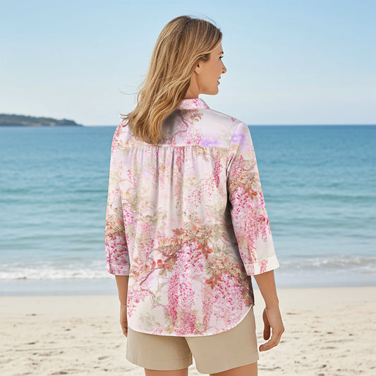 Women Casual Blouse 3/4 Sleeve V-neck Shirt Collar 100% Lyocell Aloha Romantic Pink Vine