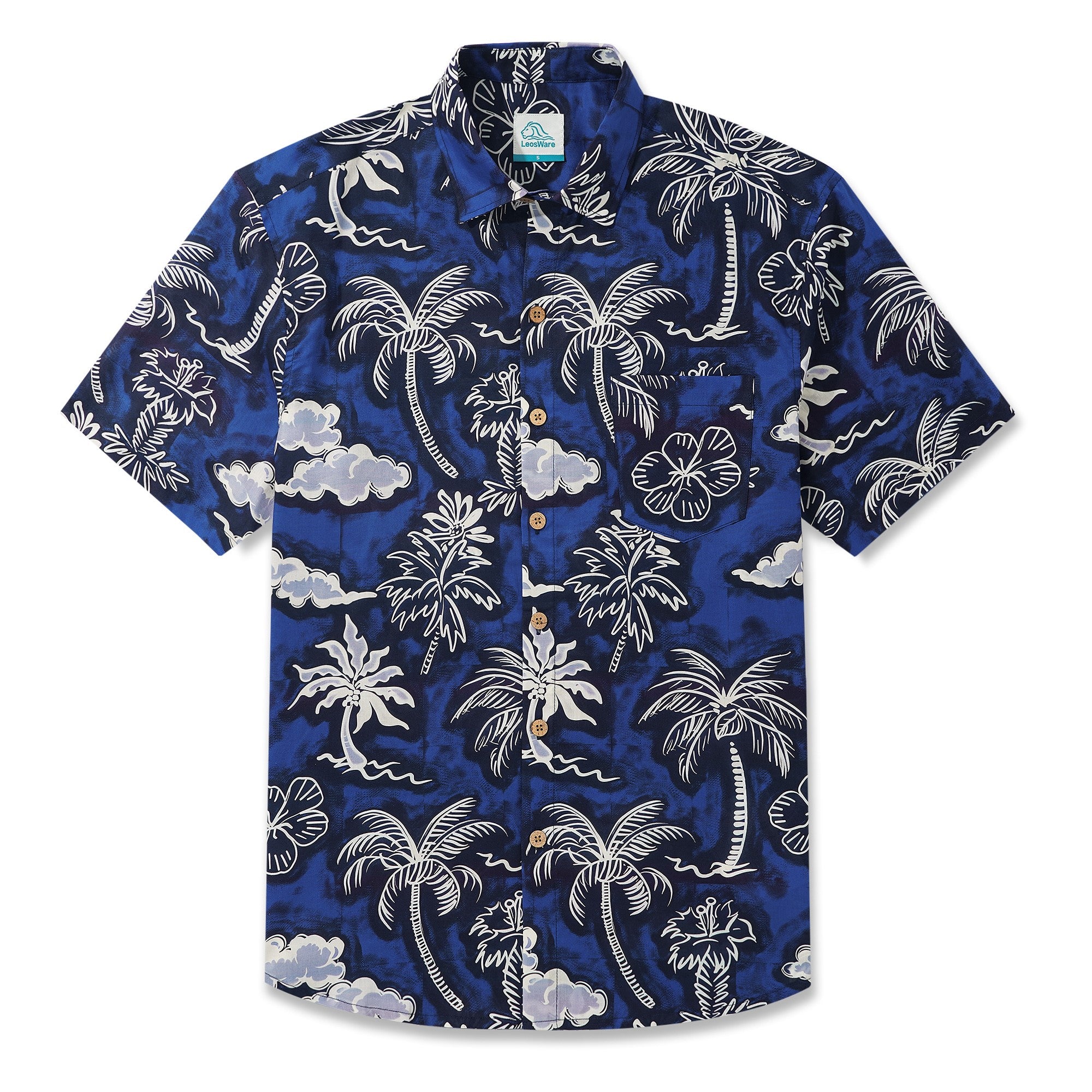 LeosWare® Men's Hawaiian Shirt Short Sleeve Button-up 100% Cotton Blue Aloha Blue Coconut Island Print