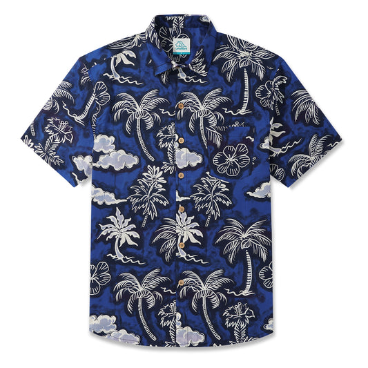 LeosWare® Men's Hawaiian Shirt Short Sleeve Button-up 100% Cotton Blue Aloha Blue Coconut Island Print