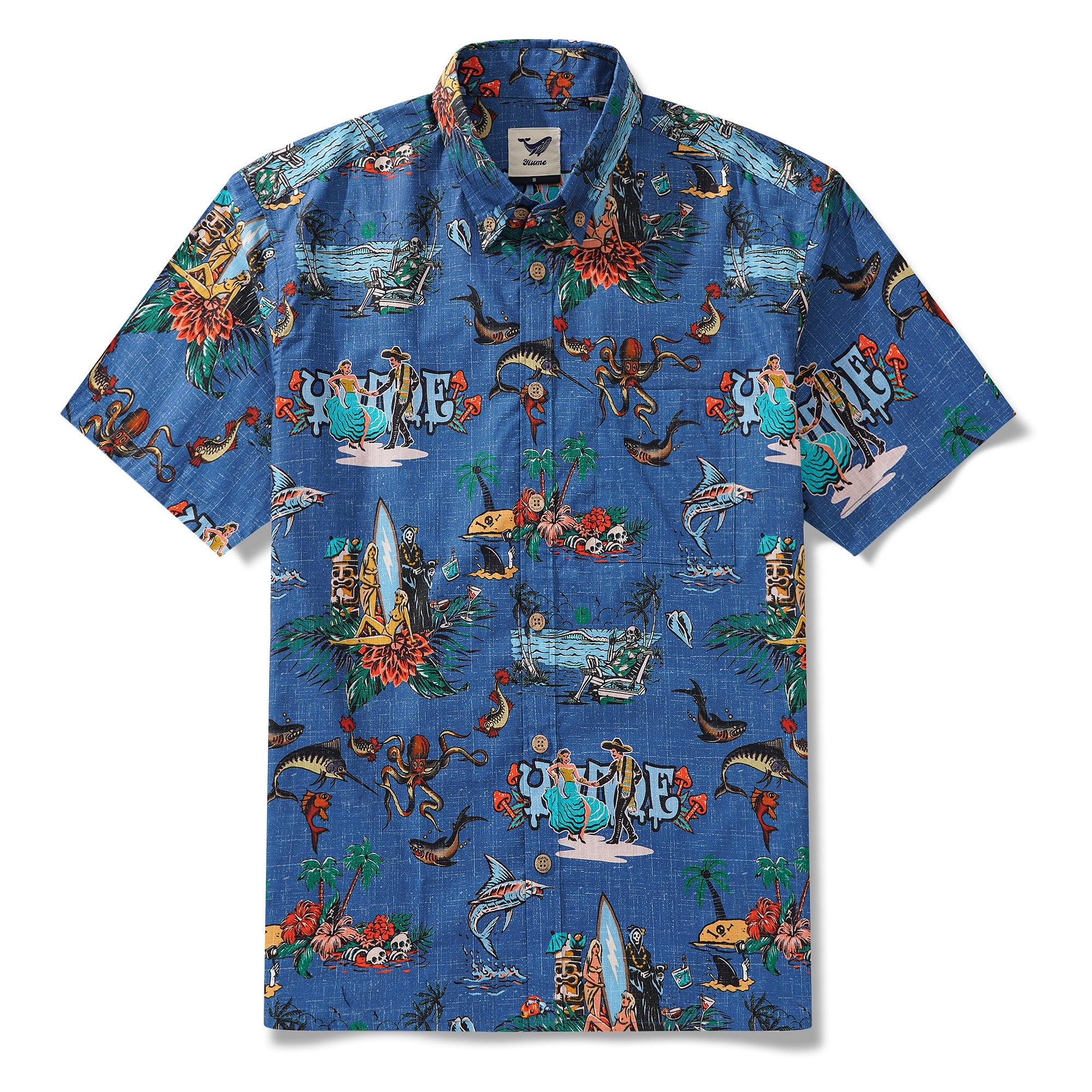Men's Hawaiian Shirt Short Sleeve Button-down 100% Cotton Blue Aloha Hot Paradise Beach